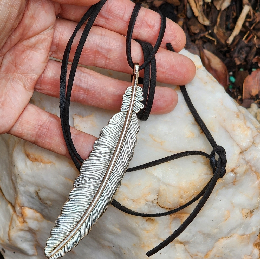 Johnny Was Jewelry Large Silver Pendant Feather Charm Black Cord Boho - Picture 3 of 12